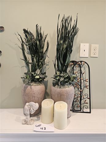 Mixed Decor Lot- 29"H Faux Plant Vases, Resic 6" Sculpture & More