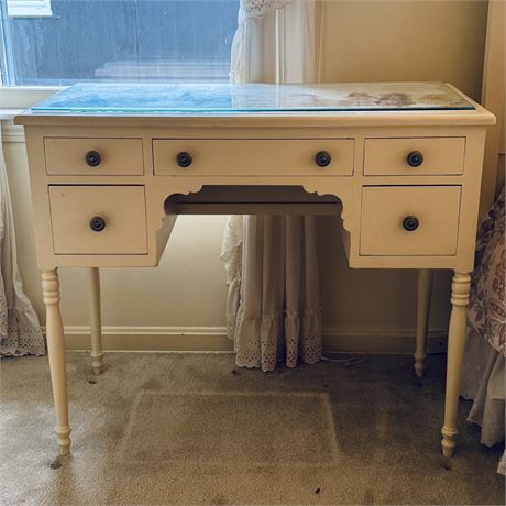 Traditional Cream/Ivory Wooden Desk w/ Protective Glass Top - 37 x 18 x 30"T