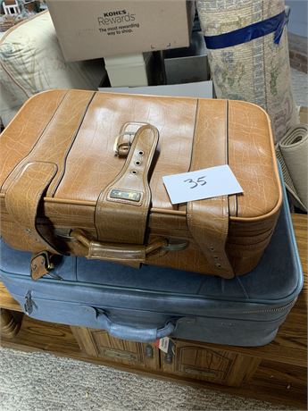 Vintage Suitcases Set Power Blue American Tourister Escort & Tan Golden Pacific