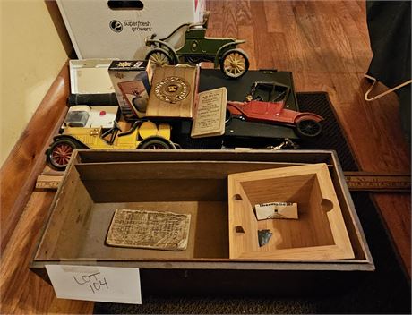 Mixed Lot Metal Cash Box, Yard Sticks, Sexton Wall Decor, Transistor Radio