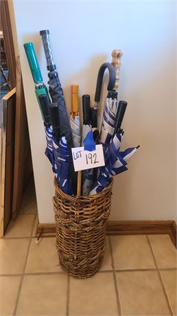 Mixed Umbrellas in Wicker Stand