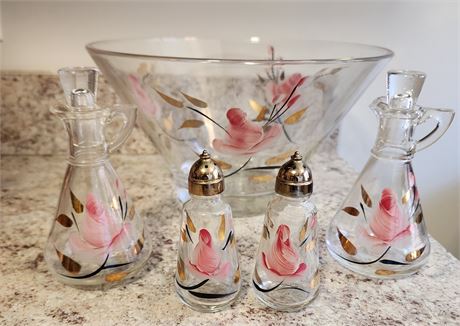 Hand Painted Rose Glass Bowl w/Matching S&P Shakers, & Vinegar/Oil Holders