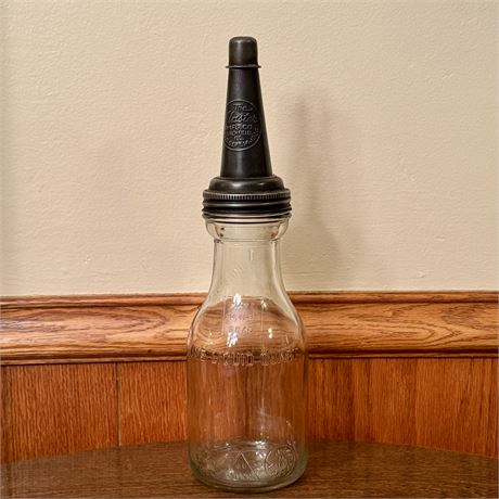 The Master Mfg Co. Motor Oil Metal Spout and Glass Quart Bottle