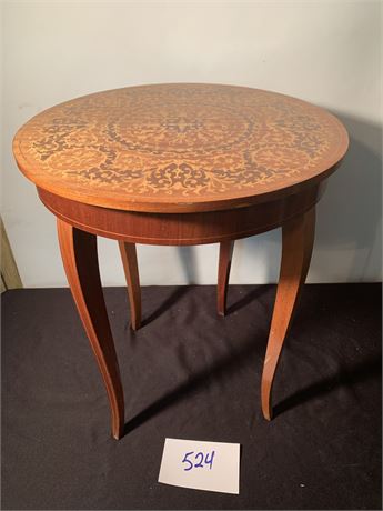 French Provincial Inlaid Marquetry Side Or End Table With Built In Music Box