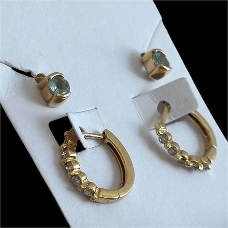 14K Gold & Diamond Dainty Hoops and Aquamarine Stud Earrings