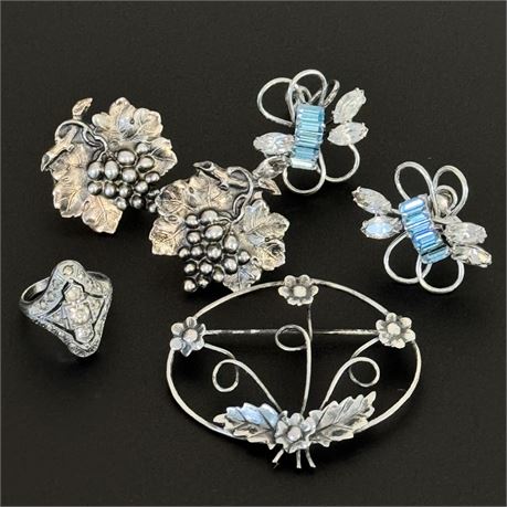 Sterling Silver Art Nouveau & Deco Period Jewelry - Earrings, Ring and Brooch