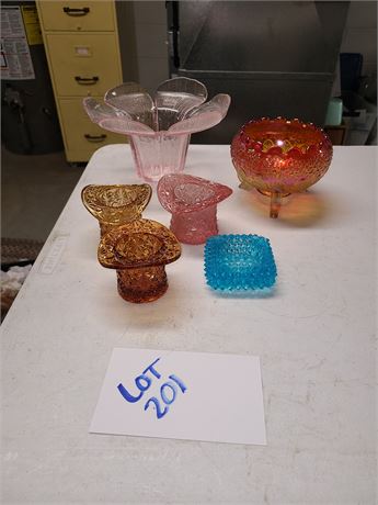 Elegant Glass Lot:Fenton Leaf & Flower Rose Bowl/Viking Tulip Vase/Hatters Vases