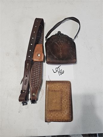 Vintage Brown Leather Hammered Victorian Era Ladies Purse & Vintage Leather Wall