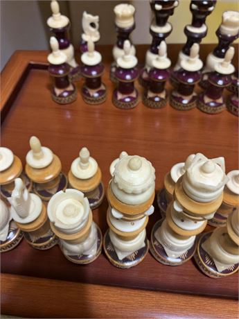 Hand Carved Wooden and Plastic Chess Pieces Set (Vintage)