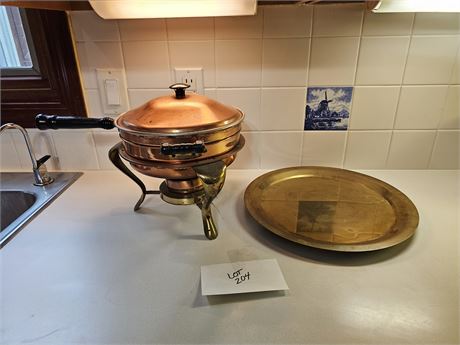 Vintage Copper & Brass Chafing Dish Warmer & Tray