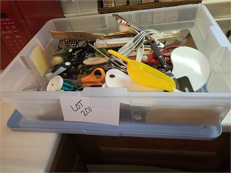 Large Bin of Mixed Kitchen Utensils - Measuring / Cooking / Cutters & More