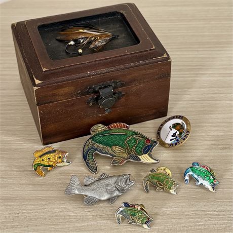 Enamel & Pewter Bass Fish Pins & Decorative Fly Motif Box