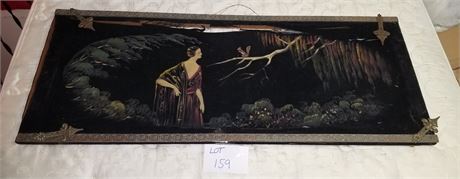 Antique Hand Painted Velvet Painting In Ornate Frame