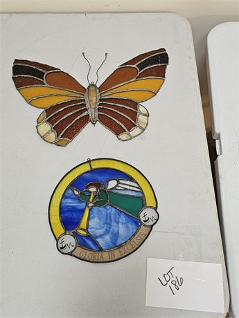 Stained Glass Earth-tones Butterfly & Round Gloria in Excelsis Stain Glass Piece