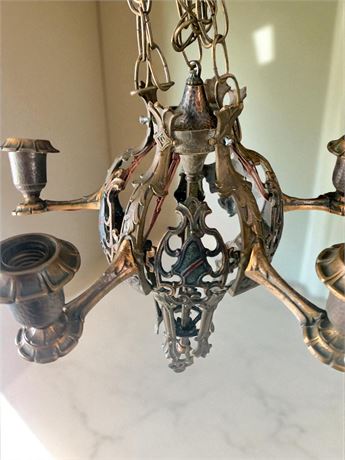 Antique Art Deco Cast Metal Gothic-Style Candelabra Chain Hanger Chandelier