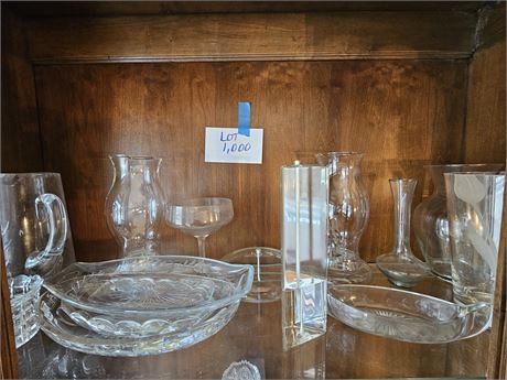 Mixed Clear Glass Lot: Relish / Vases / Etched Pitcher & More