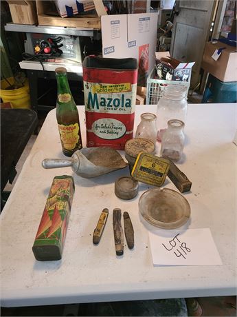 Mixed Vintage Lot- Mazola Oil Can / Vintage Tins / Metal Level / Compass & More