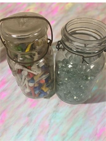 Glass Jars One Full of Clear Glass Marbles, One Full of Wood Golf Tees (Vintage)