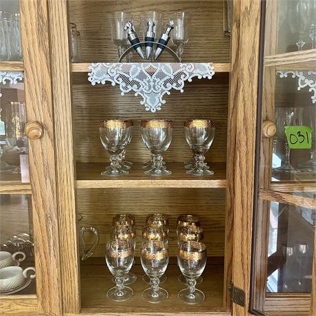 3-Shelf Stemware Lot w/ Gold Rimmed Ball Stemmed Sets and More