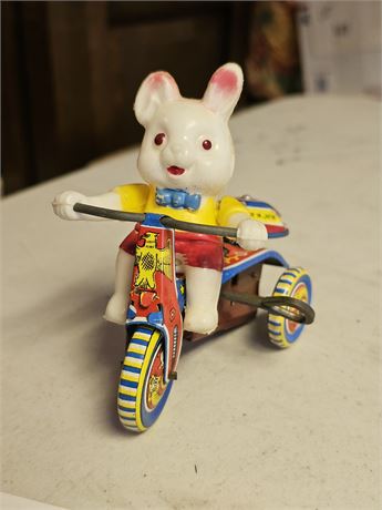 Vintage Tin Wind-Up Bunny on Bike