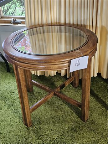 Vintage Drexel Heritage Wood & Glass Round End Table