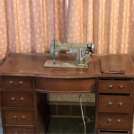 Sewing Table w/ Necchi Sewing Machine & Drawer Contents