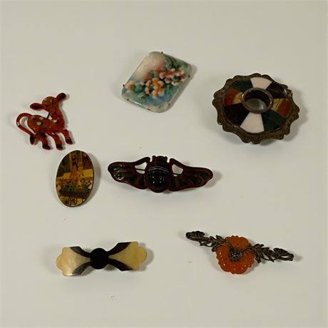 Hand-painted Oval Brooch W/Flower Cart, Art Deco Bakelite Moth Brooch