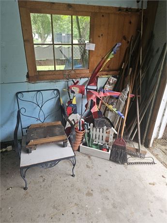 Mixed Outdoor Garden Lot- Metal Chair, Garden & Lawn Tools, Decor & More