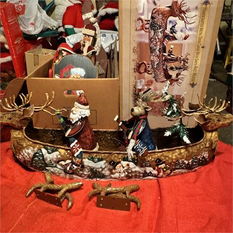 Large Metal Deer Canoe with Santa & Moose + Box of Wooden Holiday Decor