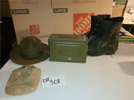 Military Lot: Ammo Box/Canvas Canteen Holder/Calvery Hat/US 9R Rubber Boots