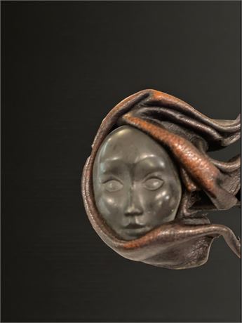Vintage Hand Tooled Leather Tribal Art Womans Face Brooch