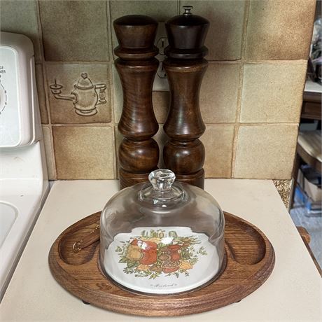 1970's Hi-Mark Tall S & P Shakers and Goodwood Cheese Plate w/ Glass Dome