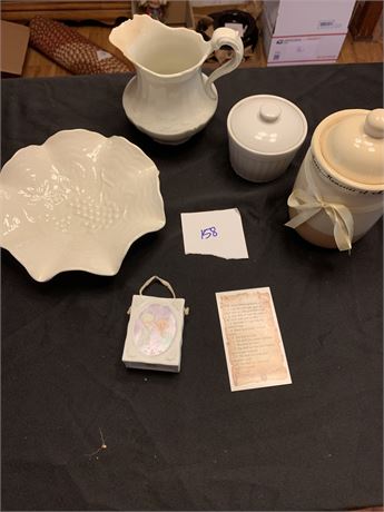 White Ceramics Lot Decorative Pitcher Bowl & Jars