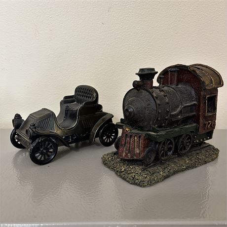 Vintage Metal Car Advertising Promo and Resin Train Engine Coin Banks