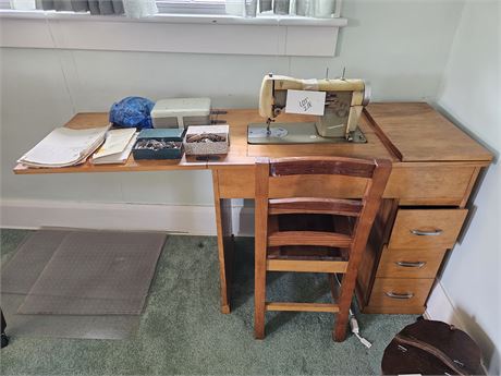 Vintage Necchi Supernova Sewing Machine with Attachments & Cabinet Table