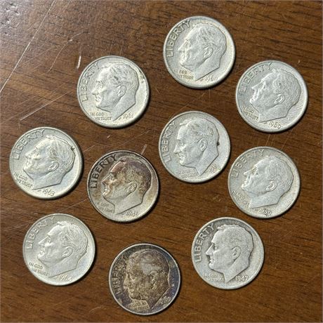 10 Eisenhower Silver Dimes, 1940’s-1964, Mixed Lot