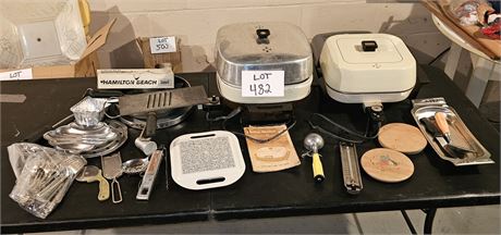 Mixed Kitchen Lot- Electric Fry Pans, Skillets, Utensils & More