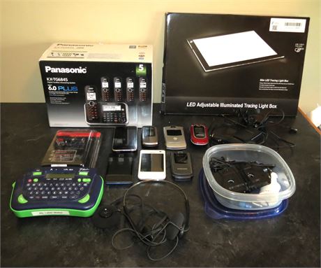 Assorted Electronics: Phones, Light Box, Label Maker, Etc