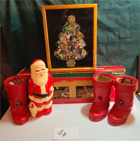 Vintage X-Mas Lot:Shadow Box Jewel Tree/Paper Mache Santa Boots/Hard Body Santa