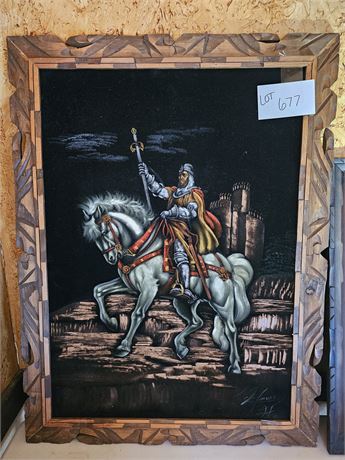 Black Velvet Signed King Arthur Painting in Wood Frame