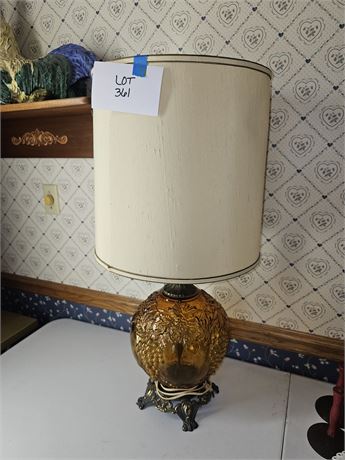 1960's Hollywood Regency Amber Glass Globe Grape Pattern & Brass Table Lamp