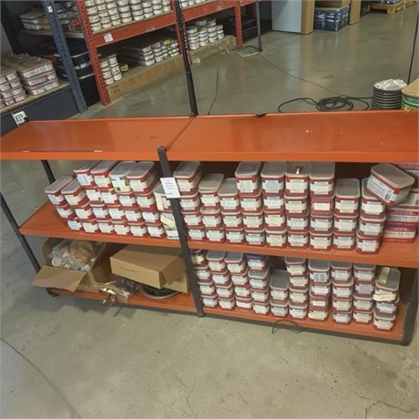 Orange Metal Shelving Unit W/Contents of Shelf