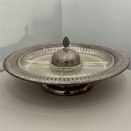 Rotating Silver-Plate Divided Glass Lazy Suzan