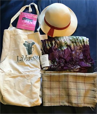 1950s Wool Lady's Hat Made in France, Scarves, Apron, Hosiery Lot