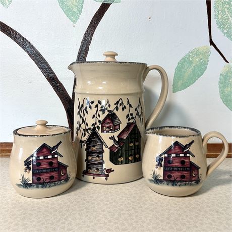 Home & Garden Party Tall Stoneware Pitcher + Cream/Sugar Dishes