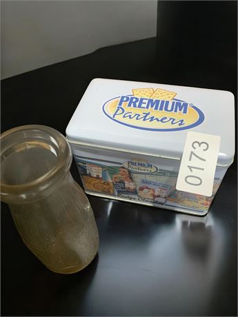 Railroad 7oz Glass Milk Bottle & Nabisco Premium Saltine Tin Recipe Box