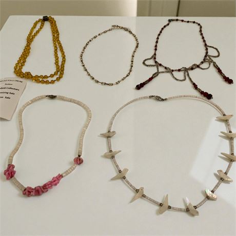 Zuni Bird Fetish Heishi Bead Necklace, Pink & White Hawaiian Puka Shell Necklace