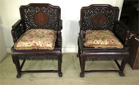 Early 20th Century Chinese Carved Rose Wood Arm Chairs