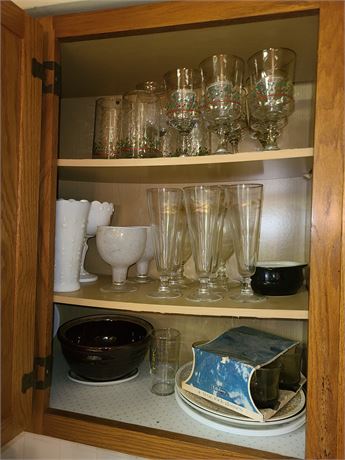 Cupboard Cleanout: Libby Juice Glasses / Christmas Footed Glasses / Vases & More