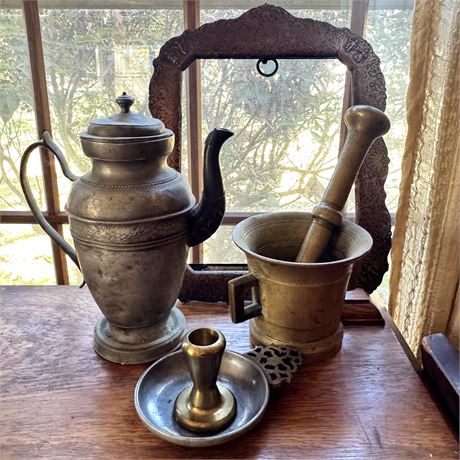 Mixed Metalware Lot with HEAVY Brass Mortar and Pestle